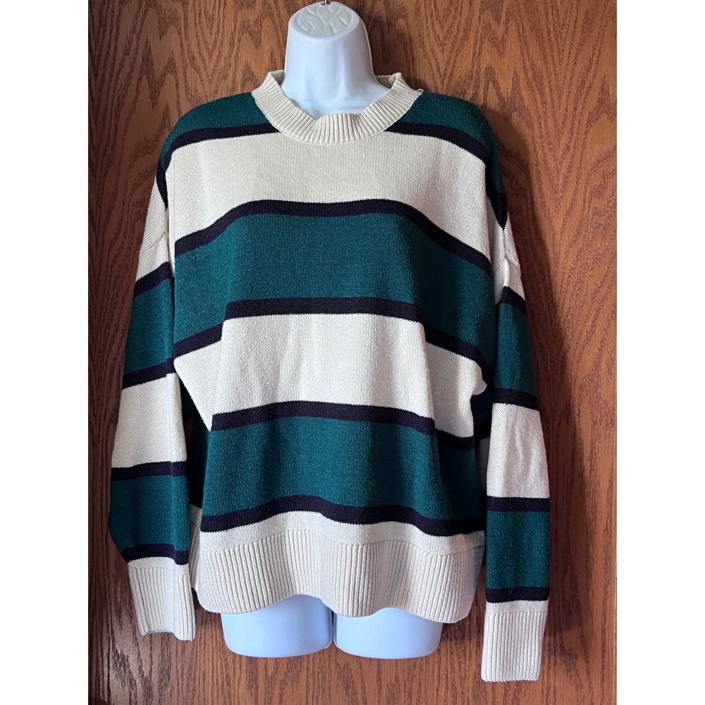 HM Divided Striped Knit Sweater Medium Green Cream Navy Blue Crew Neck